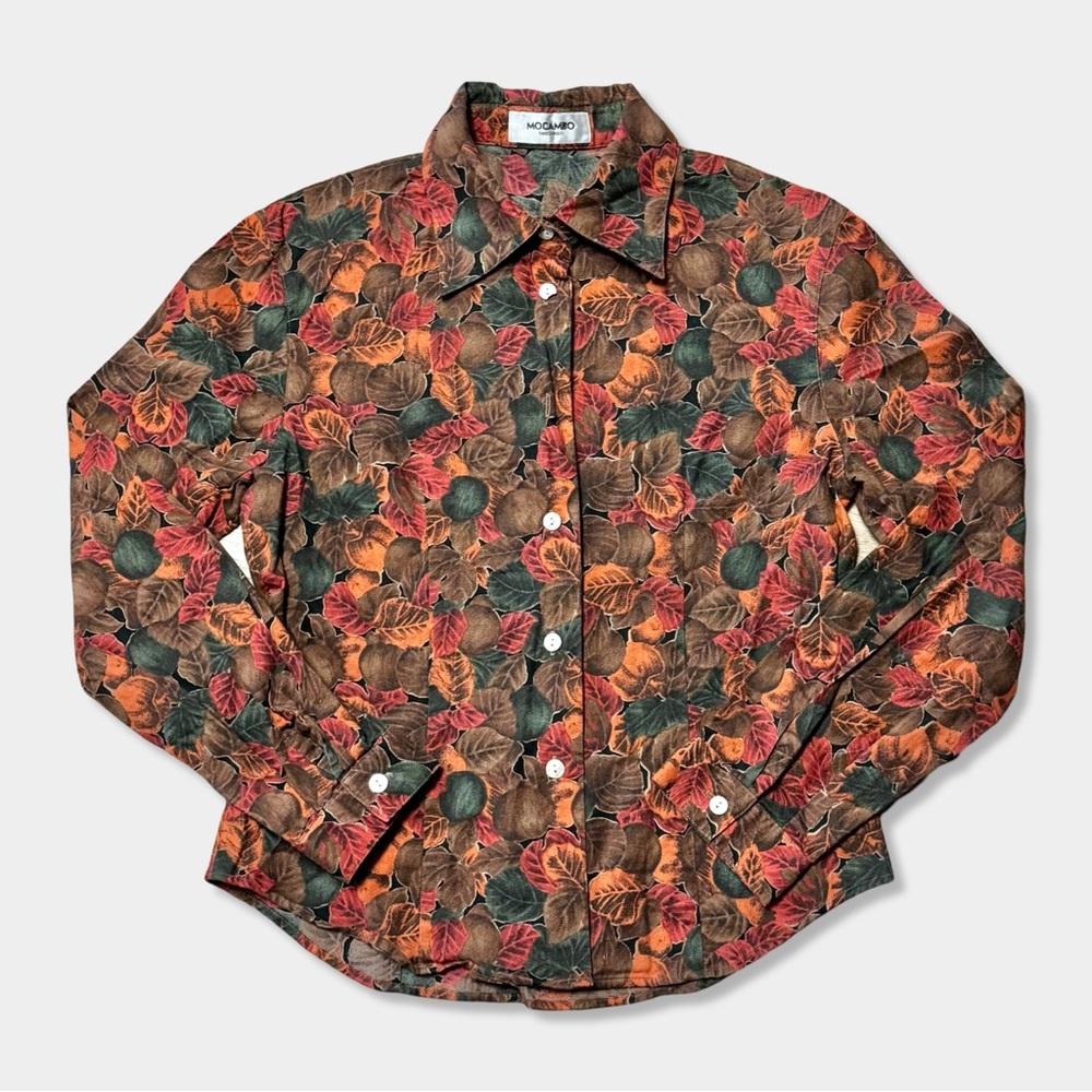 Vtg 90s Fall Apple Fruit Leaf Novelty Print Button Up Down Shirt Blouse Top XS